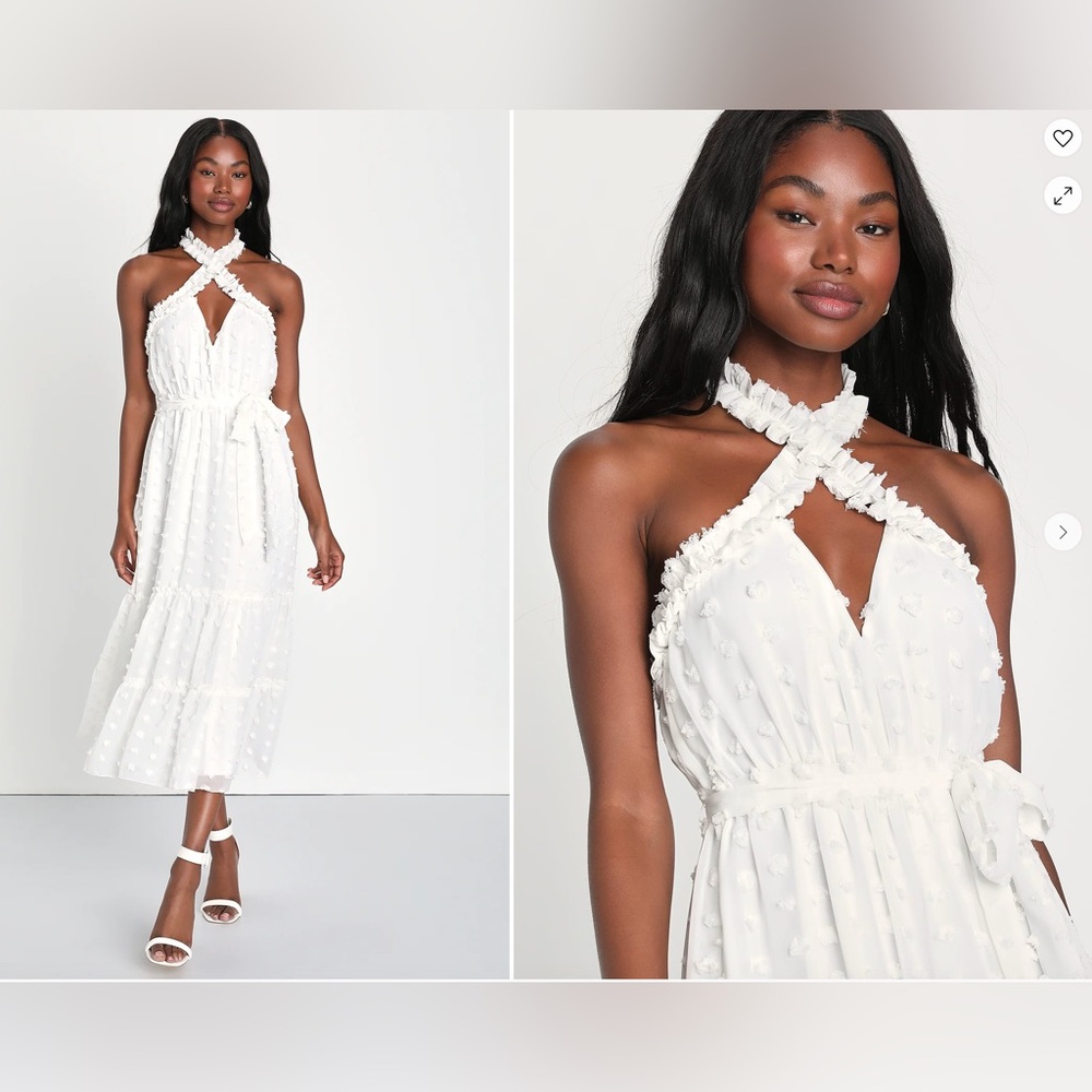 NWT White Clip Dot Tiered Halter Midi Dress